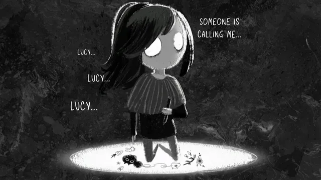 A black and white dream scene: Lucy stands in a circle of light while voices call her name