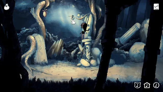 Lucy climbs a stone ruin in a dark blue forest of twisting roots
