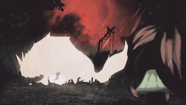 A broken wooden structure on a rocky ledge under a red, rainy sky, framed by dark shapes