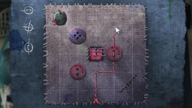 A sewing puzzle: buttons and a red thread path stitched across a patch of cloth