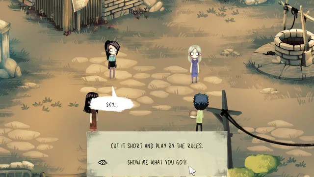 Lucy talks to other children in the village square beside a stone well