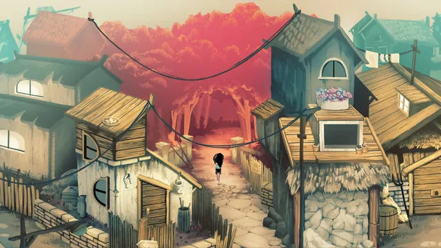 Lucy walks down a lane between crooked wooden houses toward a red forest