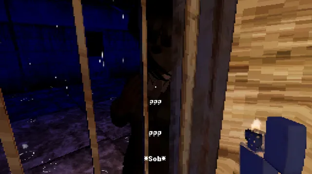 A shadowy figure sobbing behind wooden bars, lit by the player's lighter