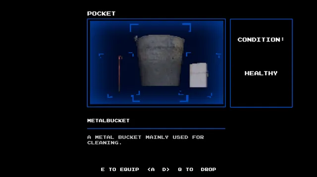 The inventory screen showing a metal bucket, a cane and a lighter, with the condition Healthy
