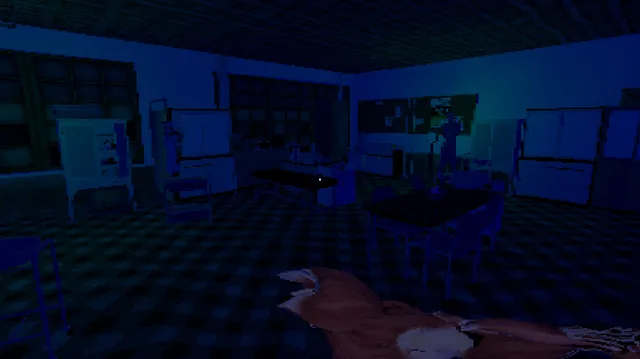 A dark blue school staff room seen in low-poly PS1 style, desks and lockers in shadow