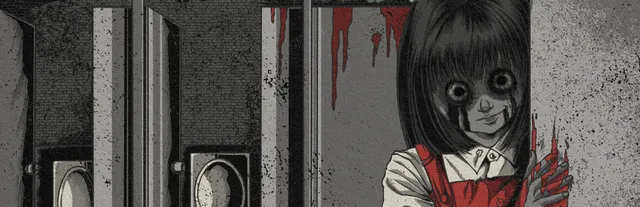 Hanako key art: a drawing of a pale girl with a black bob and a red pinafore peering round a toilet stall door, with blood on the walls
