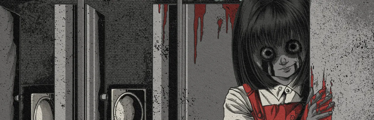 Hanako key art: a drawing of a pale girl with a black bob and a red pinafore peering round a toilet stall door, with blood on the walls