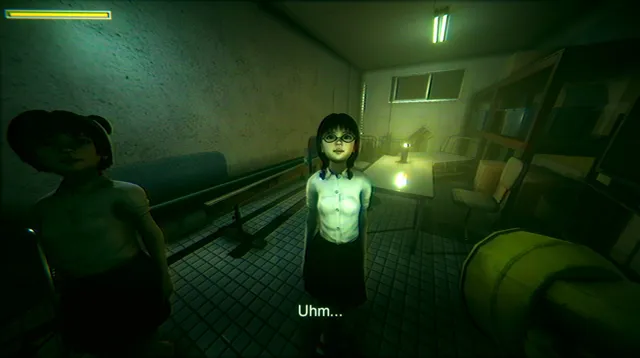 Two schoolgirls talking in a dim school room, a health bar in the corner