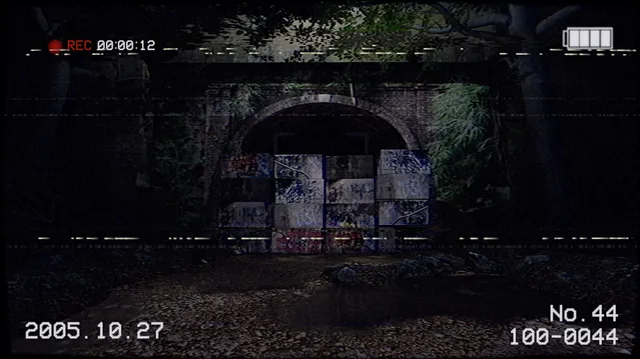 Camcorder view with a REC timer of the sealed tunnel entrance at night, concrete blocks covered in graffiti