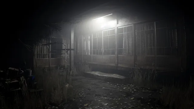 The front of an old Japanese house at night, a single light over its frosted windows and weeds in the yard