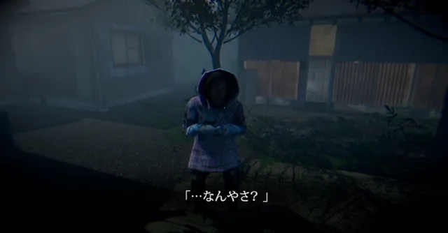 A hooded old woman in the foggy street of a Japanese village at night, asking a question in Japanese subtitles