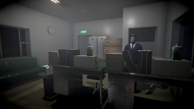 A uniformed police officer standing among desks and boxes in a dim Japanese police station office
