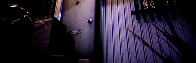 Night Delivery key art: a dark apartment doorway beside a staircase, washed in purple VHS light