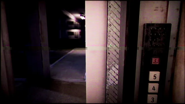 An apartment entrance at night with a wall intercom panel and buttons for floors 3 to 5