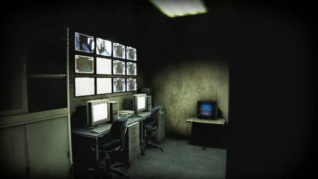 A dim security room with a wall of monitors, two desk computers and an old TV