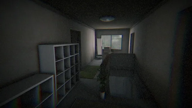 Okaeri screenshot: a dark hallway lined with a shelf unit, leading to a lit window
