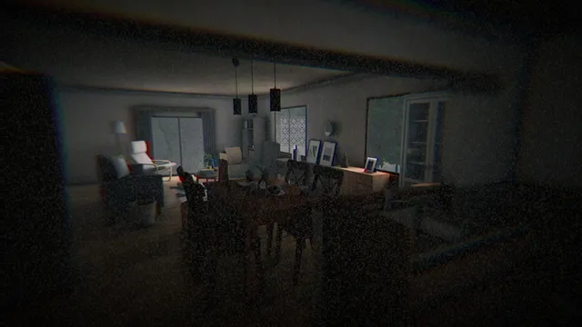 Okaeri screenshot: a dim living and dining room with moving boxes and pendant lights, seen through a VHS filter