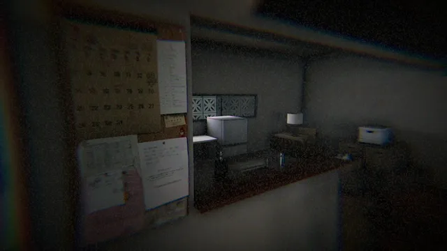 Okaeri screenshot: a kitchen counter with a calendar and notes pinned to a board