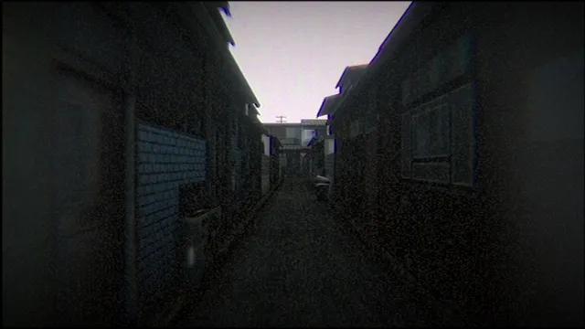 Okaeri screenshot: a narrow Japanese back alley between houses at dusk under a grey sky