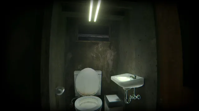 Onryo screenshot: a grimy concrete toilet with a sink under a flickering tube light