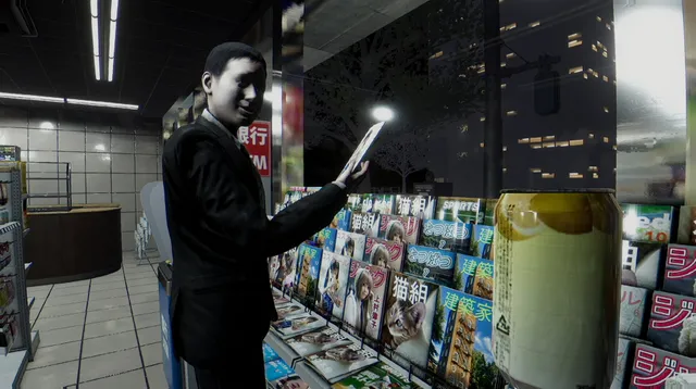 A man in a suit stands at a convenience store magazine rack, staring toward the camera