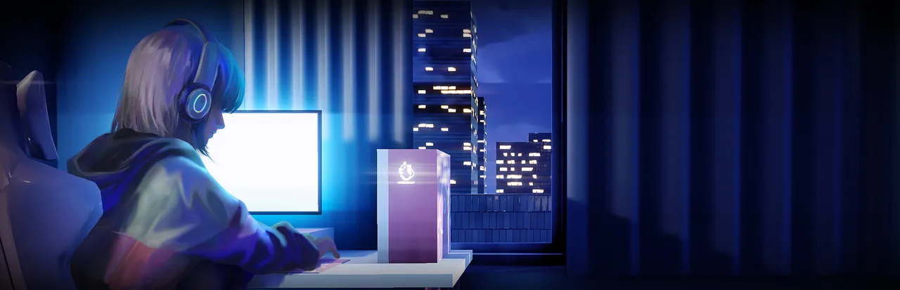 Parasocial key art: a streamer in headphones and a hoodie sits at her glowing monitor by a window over a night city