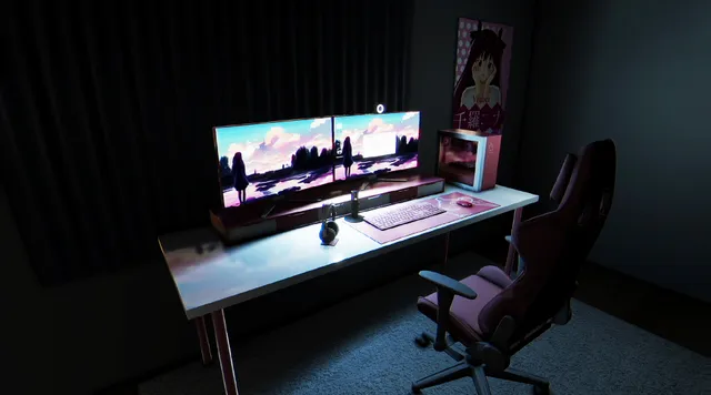 Nina's dark room with a white desk, two monitors and a pink gaming chair