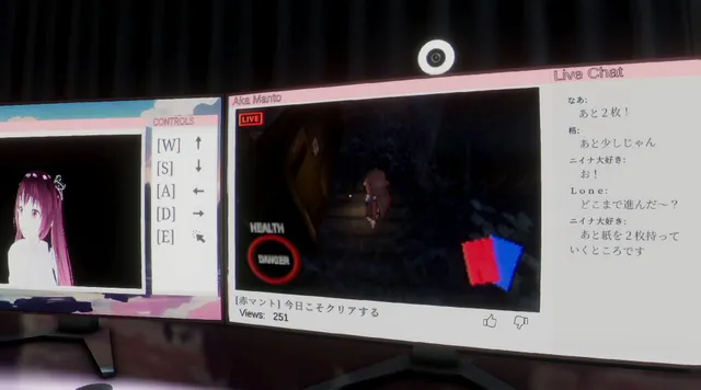 Nina's stream on her monitors: her anime avatar on the left, a dark horror game in the middle and Japanese live chat on the right