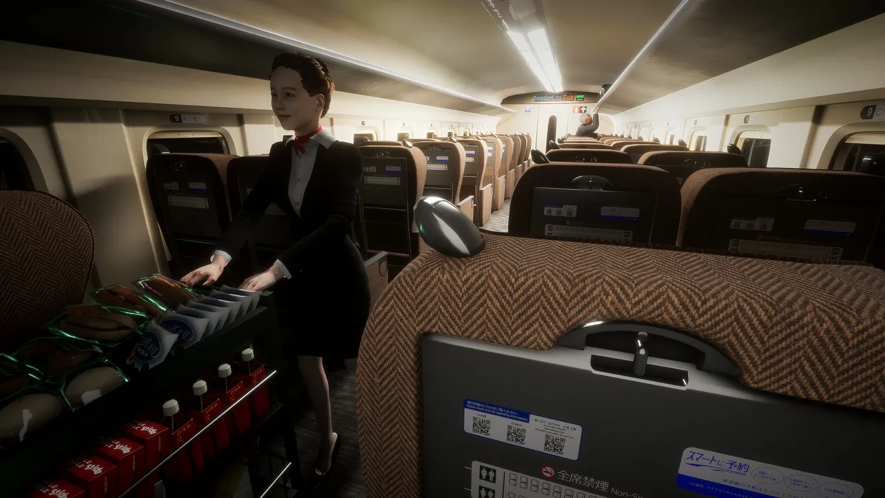 An attendant with a snack trolley walks down a dim bullet-train car between rows of brown seats