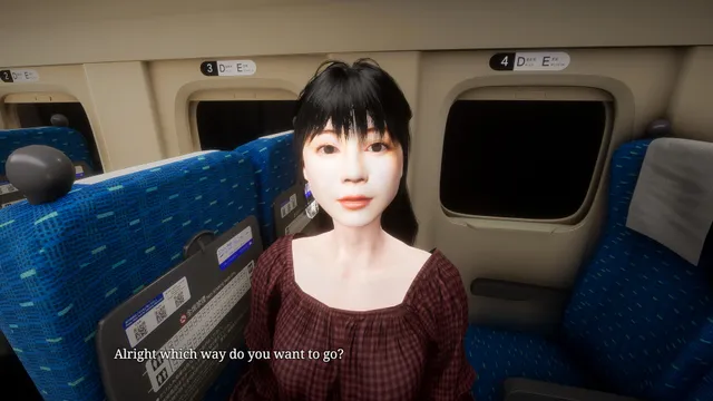 A pale woman in a checked dress leans out from a blue train seat and asks which way you want to go