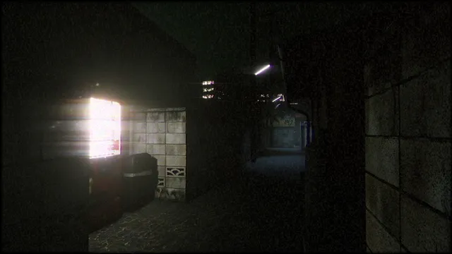 A narrow back alley at night with a bright vending machine against a tiled wall