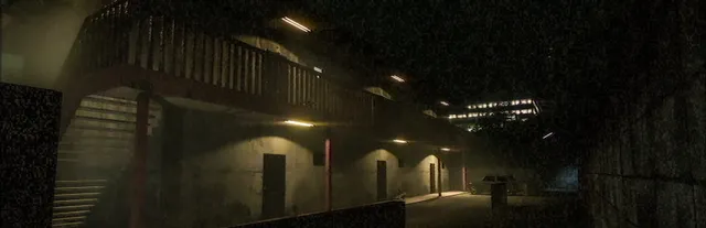 Stigmatized Property key art: the outside staircase and corridor of a two-storey apartment block at night, lit by strip lights