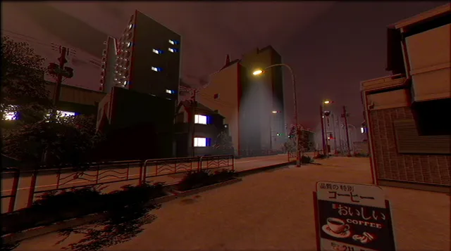 A Japanese street at dusk with apartment blocks, a streetlight and a cafe sign on the pavement