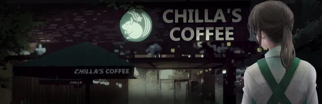 The Closing Shift key art: the Chilla's Coffee shop sign at night, with a barista in a green apron looking back over her shoulder