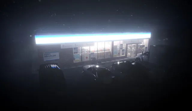 The convenience store seen from a dark parking area at night, its sign lit and blurred by a VHS filter