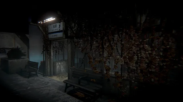 A small rural station at night overgrown with red ivy, its sign reading Kisaragi, with wooden benches