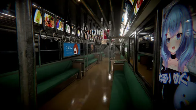 An empty Japanese train carriage with green seats, hanging straps and an anime poster by the door