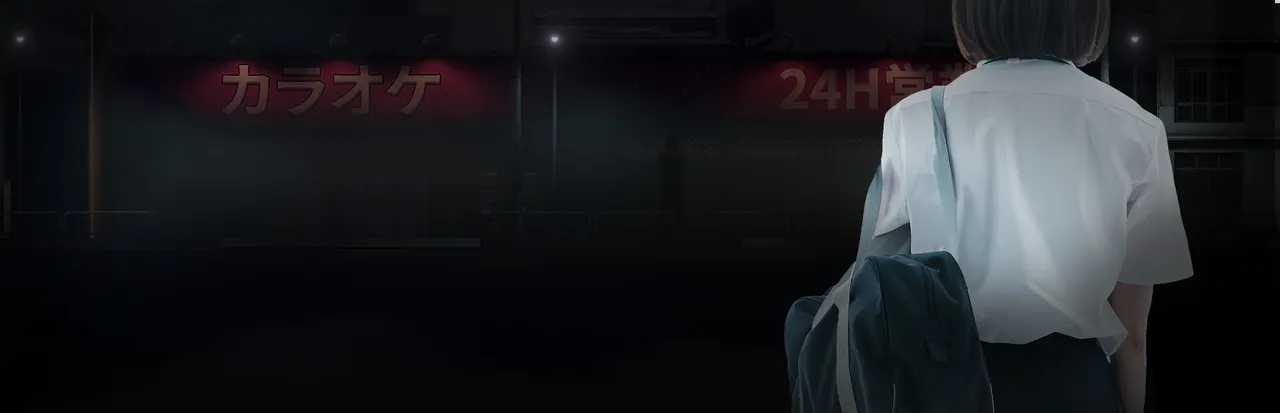 The Karaoke key art: a schoolgirl with a bag seen from behind, facing the red signs of a 24-hour karaoke parlour at night