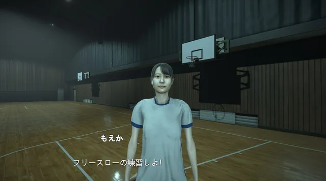 A girl in a gym kit in the school gymnasium suggests free-throw practice, in Japanese subtitles