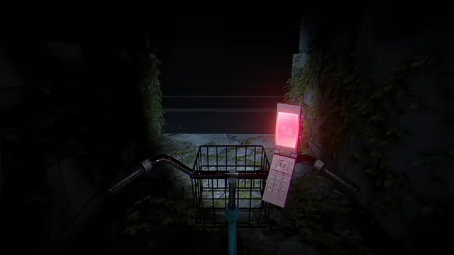 A flip phone glowing pink in the basket of a bicycle parked in a dark overgrown alley