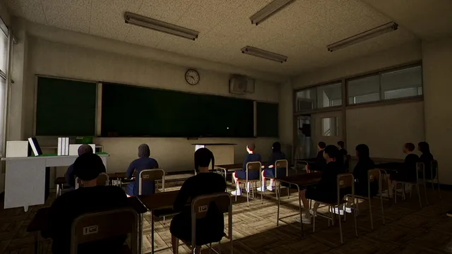 A Japanese elementary school classroom with pupils at their desks in front of the blackboard