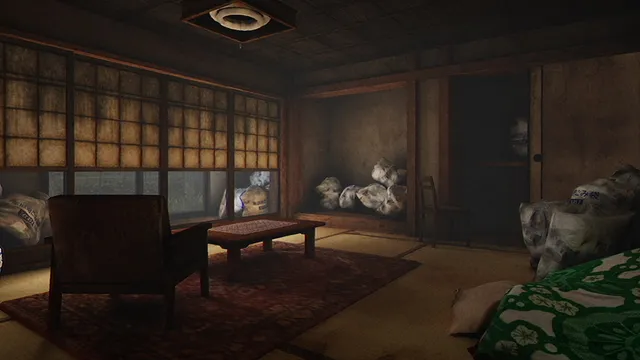 A dim tatami room in an old house, rubbish bags piled in the corners