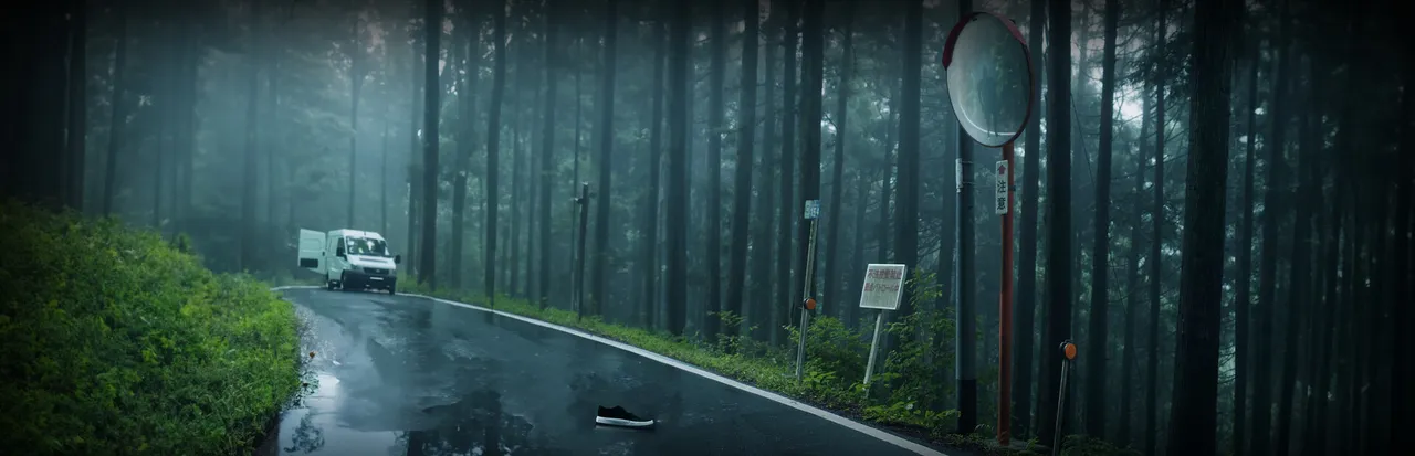 The Kidnap key art: a small white van on a wet road through a misty cedar forest