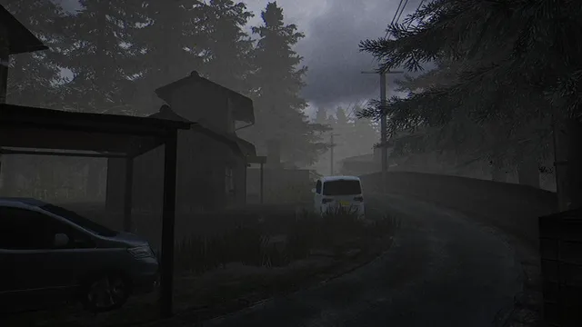 A grey, rainy village road at dusk with old houses, parked cars and a white van