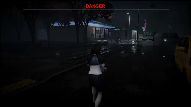 Rina, in her school uniform, walks a rainy night street past a convenience store and bus as a red DANGER bar shows