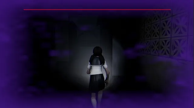 Rina walks into a dark alley as violet haze closes in around the edges of the screen