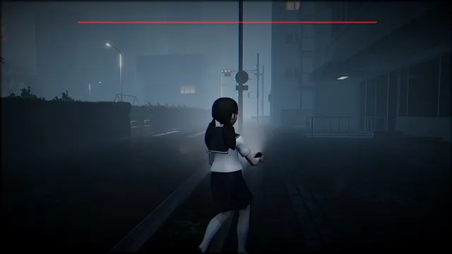Rina holds a flashlight on a fog-bound street of apartment blocks and streetlights