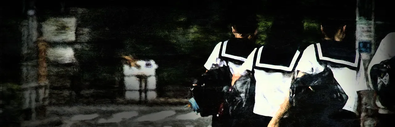 The Night Way Home art: schoolgirls in sailor uniforms walk away down a dark, blurred street