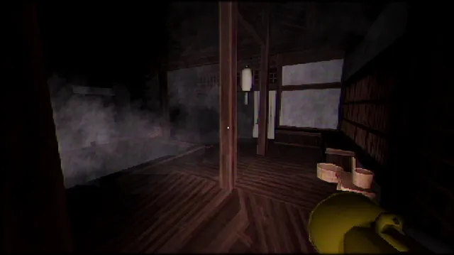 A misty wooden hallway of the inn with a paper lantern and wooden buckets