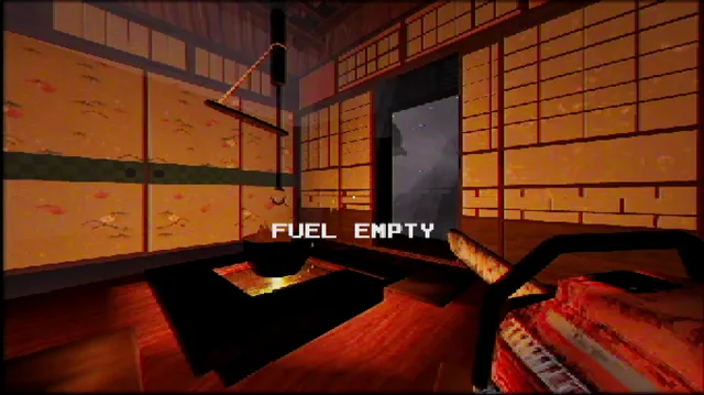 A tatami room of the old inn with a sunken hearth and paper screens, the message Fuel Empty on screen